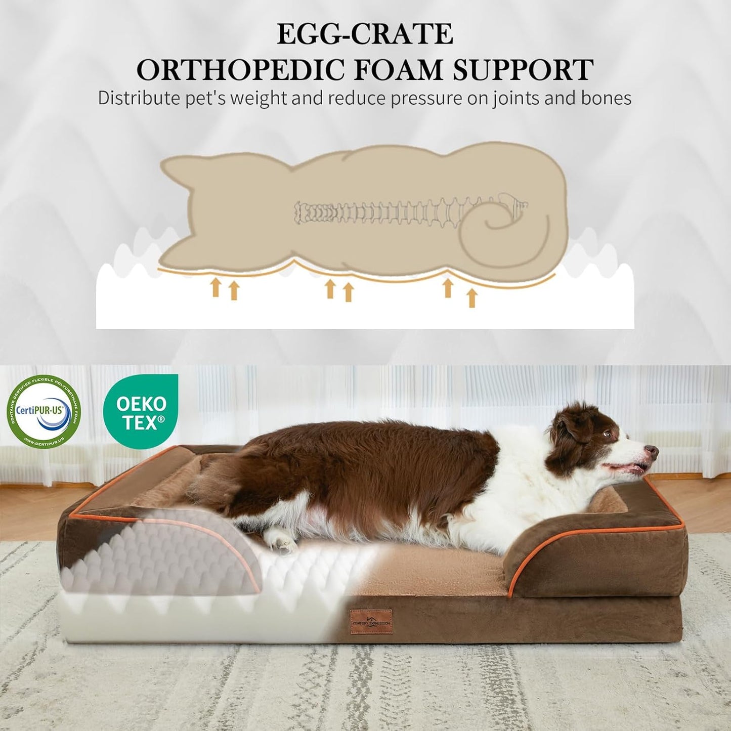 Comfort Expression Orthopedic Dog Bed for Extra Large Dogs 42x30 Inch, Waterproof Egg Crate Foam XL Pet Bed with Removable Bolsters, Dog Couch with Washable Cover & Non-Slip Bottom, Grey - Colors B