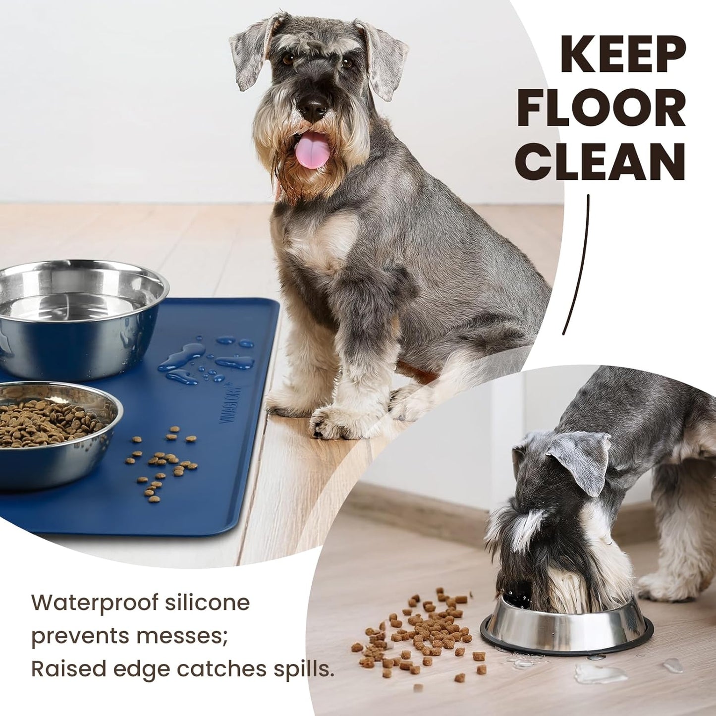 VIVAGLORY Dog Food Mat Flexmat Dog Bowl Mat, Placemat Food Tray with Raised Edges & Lip for Indoor Floor, Non Slip Waterproof Silicone Dish Placemat for Cat & Pet, S, Grey