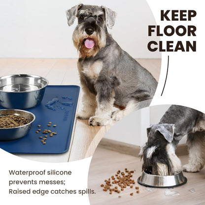 VIVAGLORY Dog Food Mat Flexmat Dog Bowl Mat, Placemat Food Tray with Raised Edges & Lip for Indoor Floor, Non Slip Waterproof Silicone Dish Placemat for Cat & Pet, S, Grey