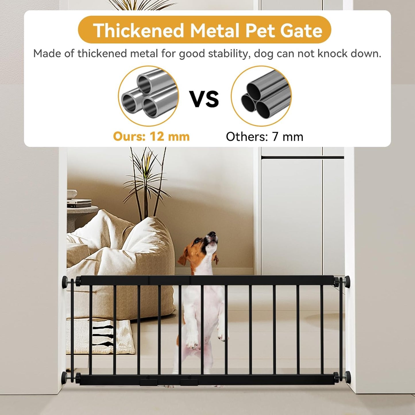 Dog Gate Indoor,18"-45" Adjustable Extra Wide Metal Short Dog Gate to Step Over, 18" Tall Small Pet Gate with 3 Extension Kits, Pressure Mounted Gate for Doorways & Stairs Black