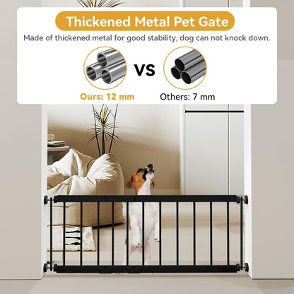 Dog Gate Indoor,18"-45" Adjustable Extra Wide Metal Short Dog Gate to Step Over, 18" Tall Small Pet Gate with 3 Extension Kits, Pressure Mounted Gate for Doorways & Stairs Black