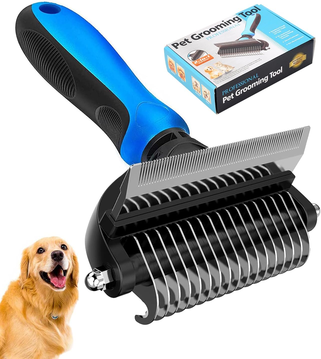 Undercoat Rake for Dogs, 2 in 1 Dematting Comb & Deshedding Tool for Long Hair Pets, Pet Hair Grooming Brush, Clear Mats and Tangles, Reduces Shedding by 95%