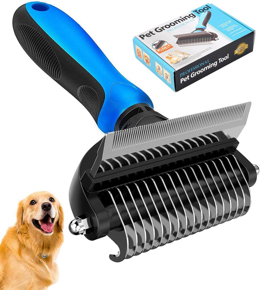 Undercoat Rake for Dogs, 2 in 1 Dematting Comb & Deshedding Tool for Long Hair Pets, Pet Hair Grooming Brush, Clear Mats and Tangles, Reduces Shedding by 95%