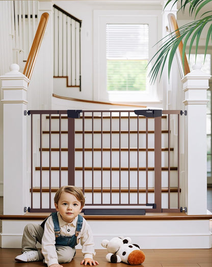 Cumbor 36.6-64" Extra Wide Baby Gate for Stairs, Dog Gates for Doorways, Auto-Close Pet Gate Indoor, Pressure Mounted Walk Through Safety Child Gate for Kids Toddler, Tall Pet Puppy Fence Gate, Brown