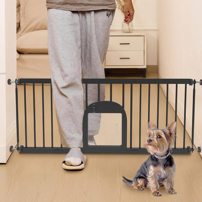 No Pawblems Dog Gate with Small Pet Door, 16"-42.7" Adjustable Metal Short Dog Gate to Step Over, 16.5" Tall Small Pet Gate with 3 Extension Kits, Pressure Mounted Gate for Doorways & Stairs, White