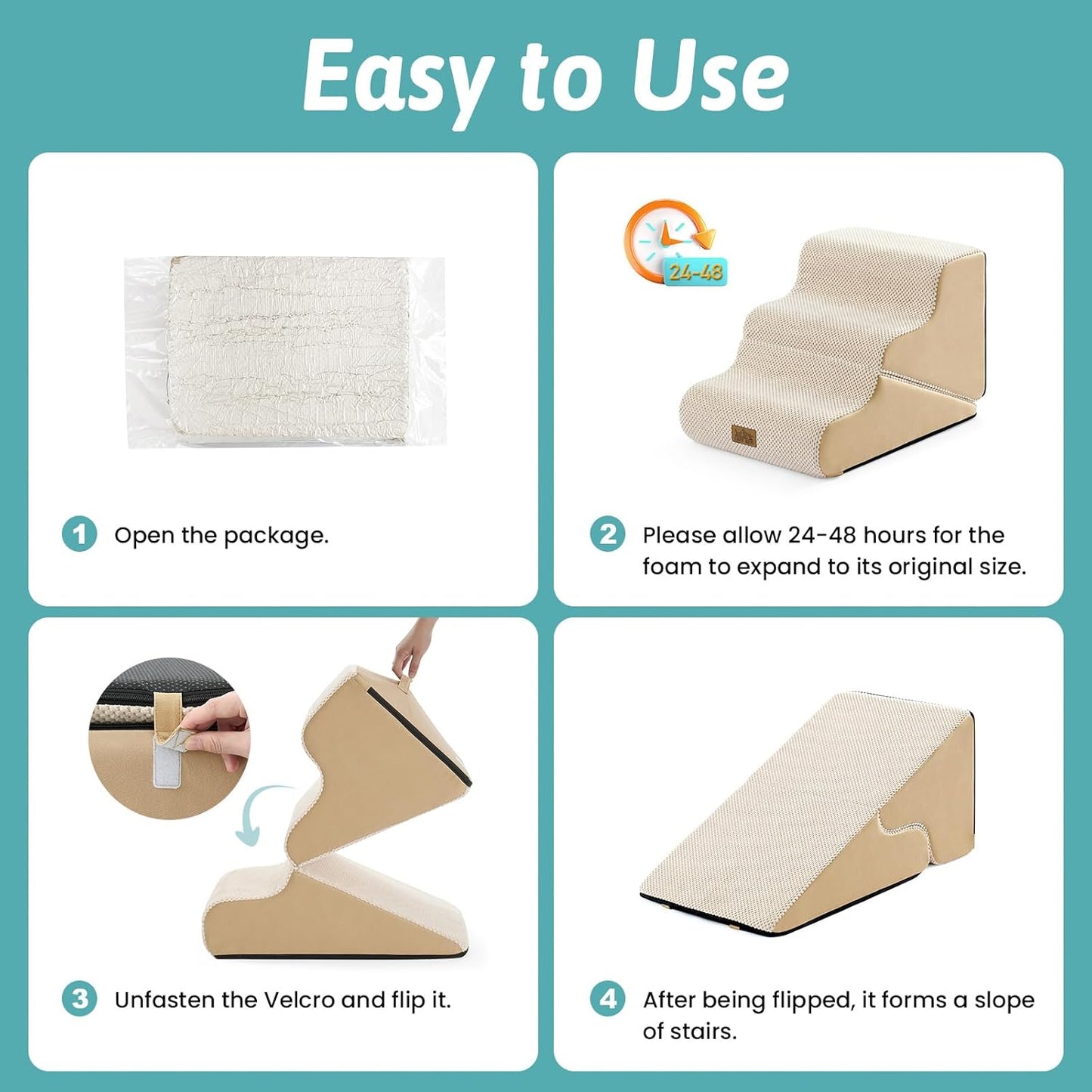 COZY KISS Dog Stairs for Small Dogs, 3-Step 2 in 1 Transformable Pet Stairs for Couch and Bed, 15.7" H Dog Steps for Old Cats, Puppy, Small Dogs (Beige, 17.7x28.3x19.7 in, 4.0)