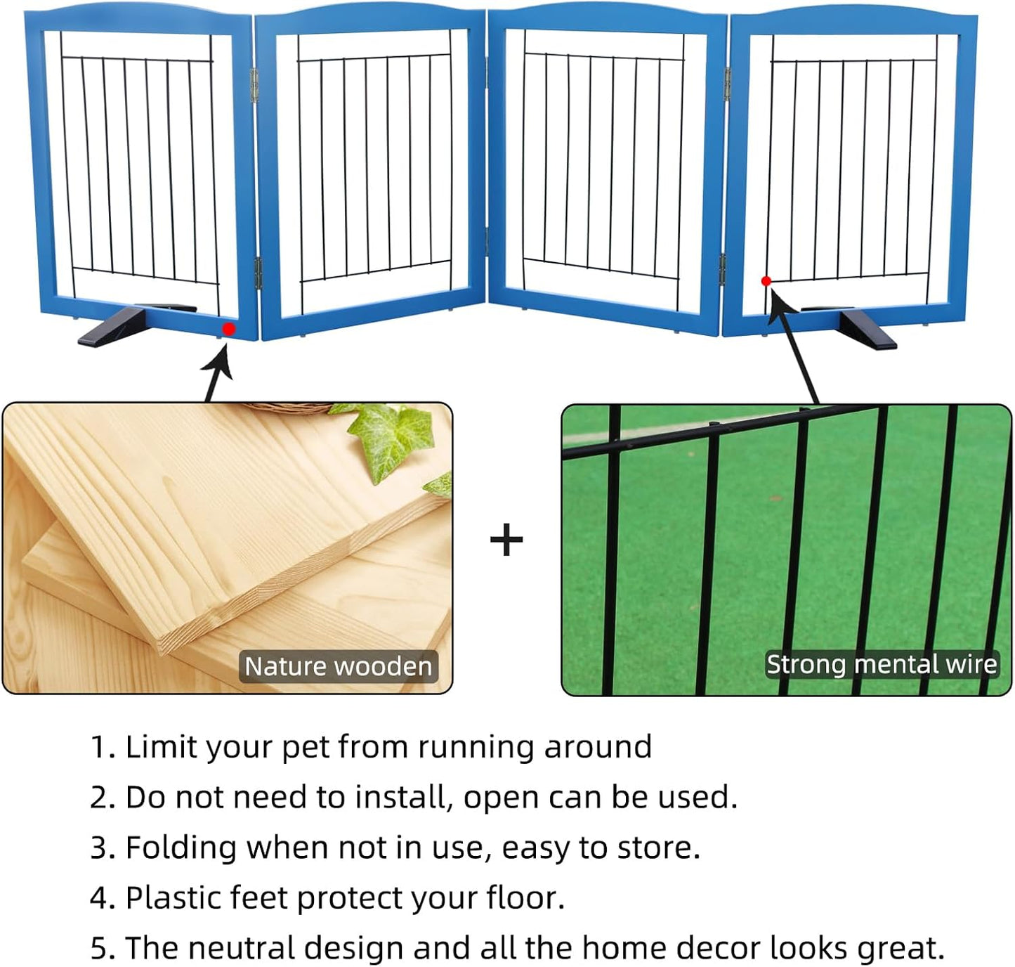 ZJSF Freestanding Dog Fence Indoor, Foldable Dog Gate for Doorways, Stairs or Hallways, Sturdy Wood Extra Wide Pet Gate with Support Feet for The House, White, 24 "Height-3 Panels