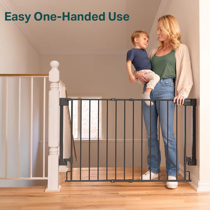 Cumbor 29.2–43" Baby Gate for Stairs, Hardware Mounted (Drill Required), Expandable No Bottom Bar Dog Gate, Auto Close Extra Wide Walk Thru, Pet & Toddler Proof Gate, Top & Bottom of Stairways(Black)