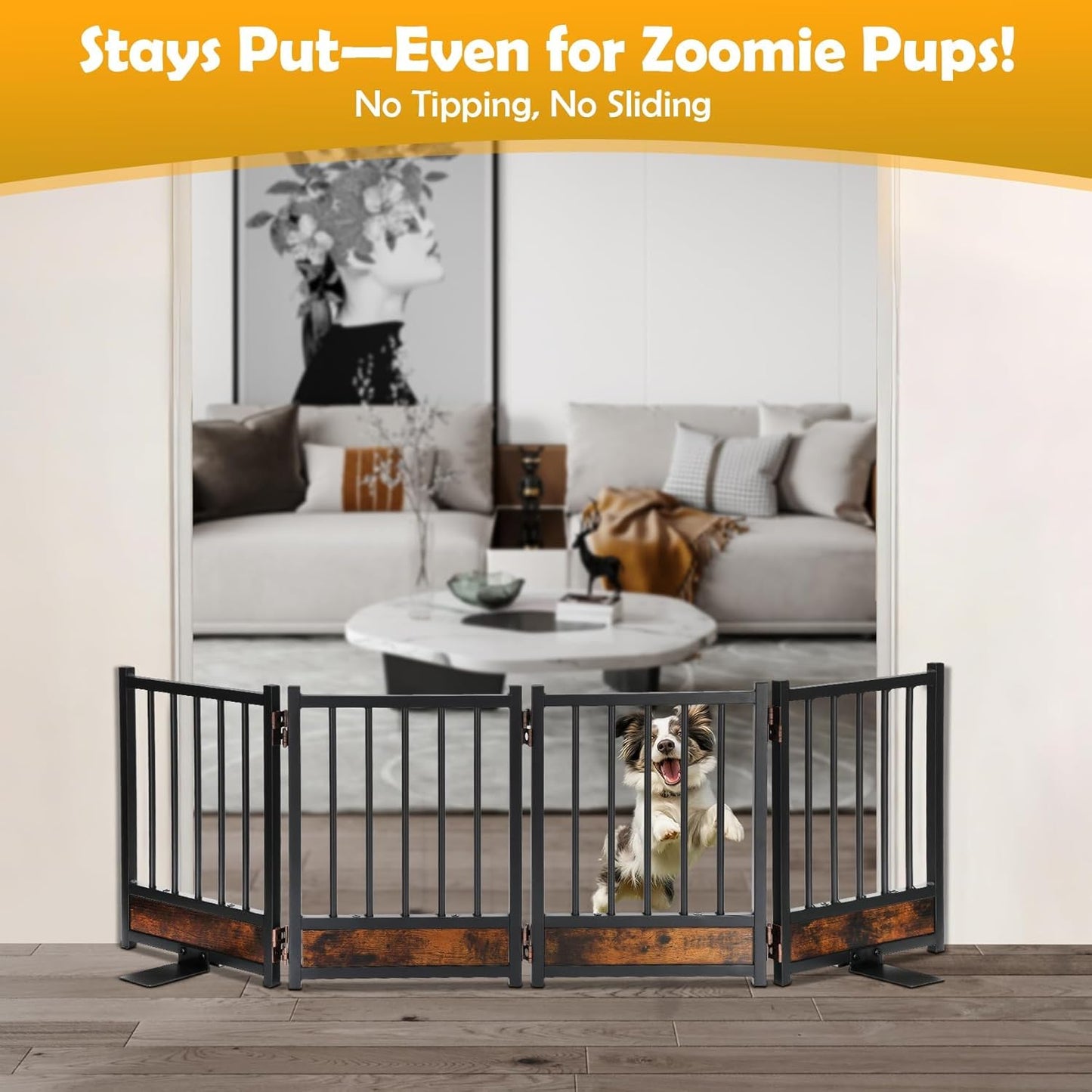Freestanding Short Dog Gate, 16" Tall Pet Gate Indoor with Support Feet Easily Step Over, 4 Panel Metal Wood Foldable Pet Dog Gate, Up to 48" Wide Puppy Fence, Puppy Gate for for Doorway&Hallway Black
