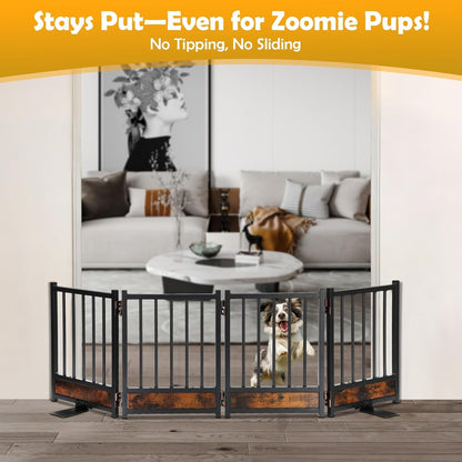 Freestanding Short Dog Gate, 16" Tall Pet Gate Indoor with Support Feet Easily Step Over, 4 Panel Metal Wood Foldable Pet Dog Gate, Up to 48" Wide Puppy Fence, Puppy Gate for for Doorway&Hallway Black