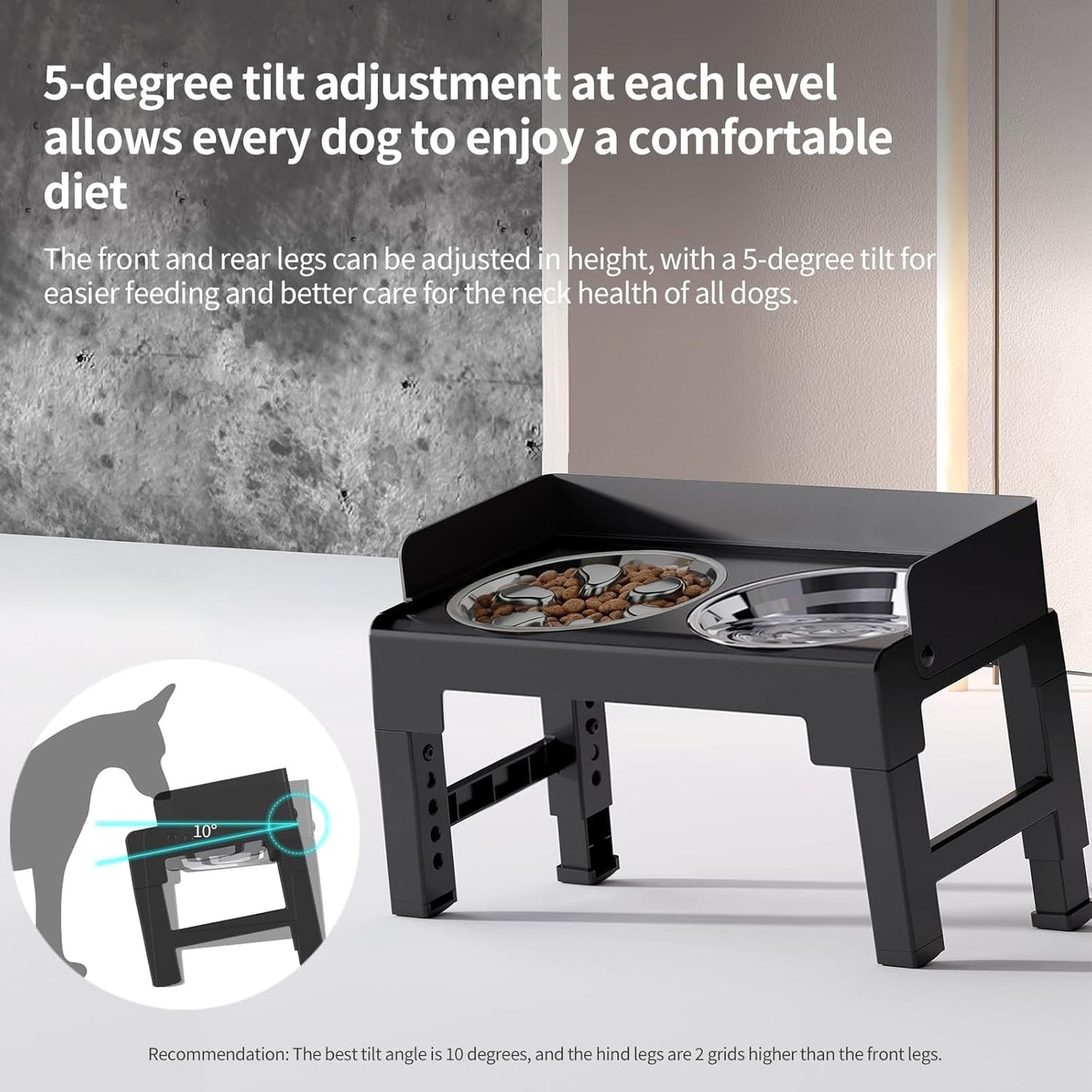 PAKEWAY Elevated Dog Bowls, Spill Proof, Tiltable Dog Feeder with 2 Stainless Steel Bowls, 6 Height Adjustable Raised Bowl