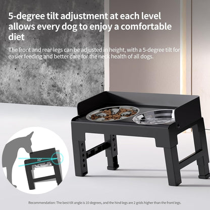 PAKEWAY Elevated Dog Bowls, Spill Proof, Tiltable Dog Feeder with 2 Stainless Steel Bowls, 6 Height Adjustable Raised Bowl