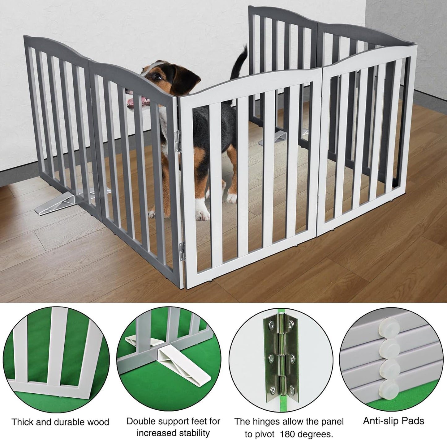ZJSF Foldable Freestanding Indoor Dog Gate for House Wood White Long Pet Gates Dog Fence for Stairs Puppy Gates for Hallways,Pet Fence, Puppy Gate,Support Feet Included 24 "Height-3 Panels