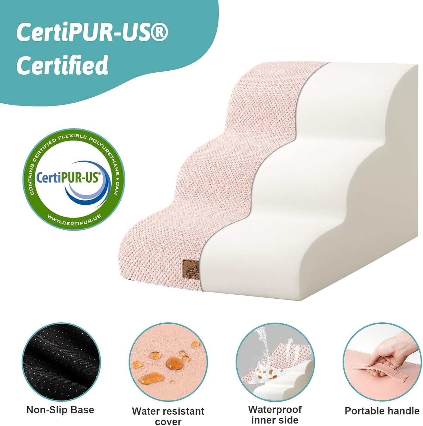 COZY KISS Dog Stairs for Small Dogs 15.7" H, Curved Dog Step for Puppy, Older Cat, Medium Pet Ramp for Sofa, Couch or Chair, Ladder with High Density Foam, 3 Step, 15.7x22.4x15.7 inch, Beige