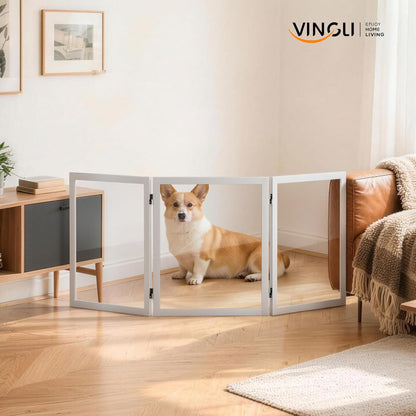 VINGLI Clear Acrylic Freestanding Dog Gate, Transparent Pet Fence with Solid Hardwood and Plastic Board, Pet Gates for Christmas Tree Stairs and Doorways (3 Panels)