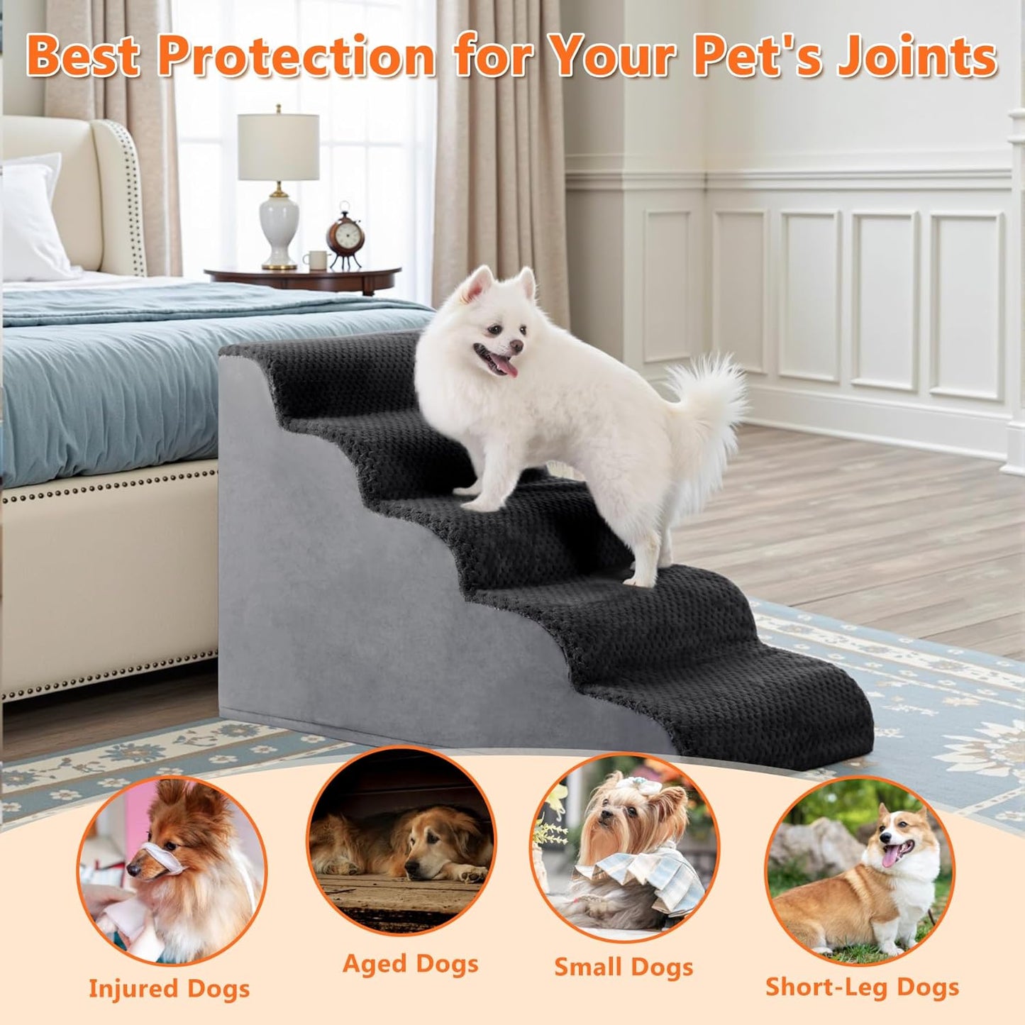 Dog Stairs Ramp, Curved 3-Step Dog Steps for Small Dogs and Cats, Pet Stairs for High Beds and Couch with Anti-Slip Washable Cover and Durable High Density Foam, Dark Grey