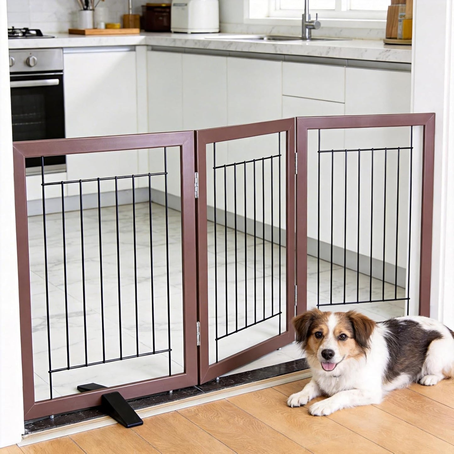 ZJSF Freestanding Dog Gate Indoor, Foldable Dog Fence for Doorways,Hallways or Stairs, Sturdy Wood Extra Wide Pet Gate with Support Feet,Black,24 "Height-3 Panels