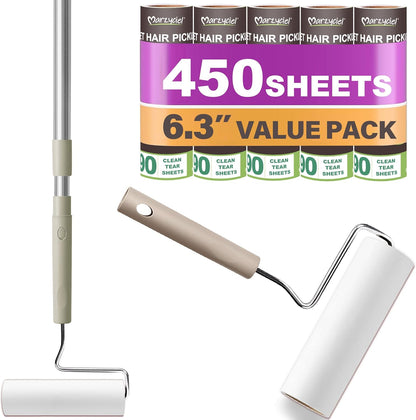 Extra Sticky Large Surface Lint Roller, 6.3'' Giant Lint Roller for Pet Hair, 450 Sheets/ 5 Refills, Long Handle Lint Remover for Clothes, Furniture, Dog & Cat Hair Remover