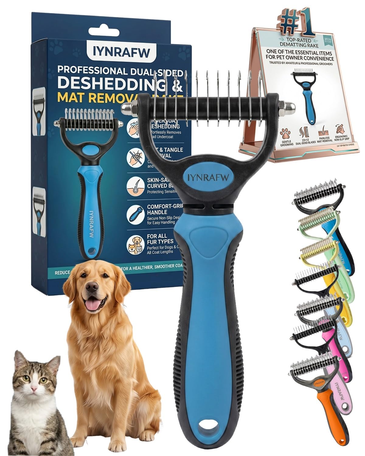 Pet Pro Grooming Tool Dual Tooth Pet Grooming Comb Undercoat Rake for Dogs Cats Long Hair Deshedding Tool Dematting Brush Double Sided Stainless Steel Teeth Remover Mats Tangles Loose Fur