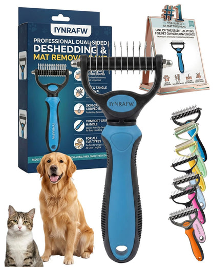 Pet Pro Grooming Tool Dual Tooth Pet Grooming Comb Undercoat Rake for Dogs Cats Long Hair Deshedding Tool Dematting Brush Double Sided Stainless Steel Teeth Remover Mats Tangles Loose Fur