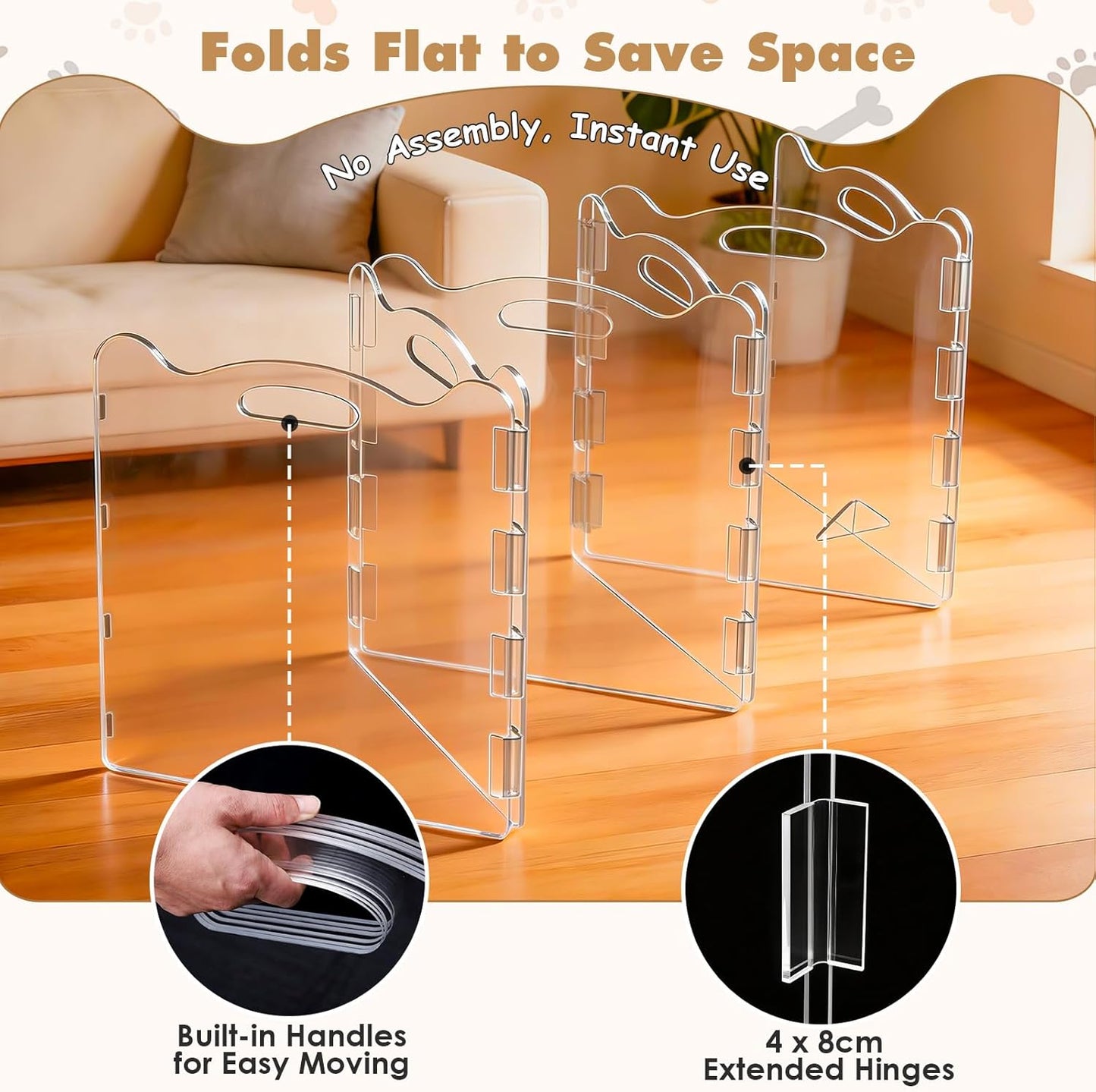 Extra-Wide Clear Acrylic Freestanding Dog Gate with Upgraded Hinges & Stable Support Feet, 6 Panel - 120''W x 24''H for Doorways, Stairs and Open Spaces, Foldable Pet Barrier for Small Puppy Cats