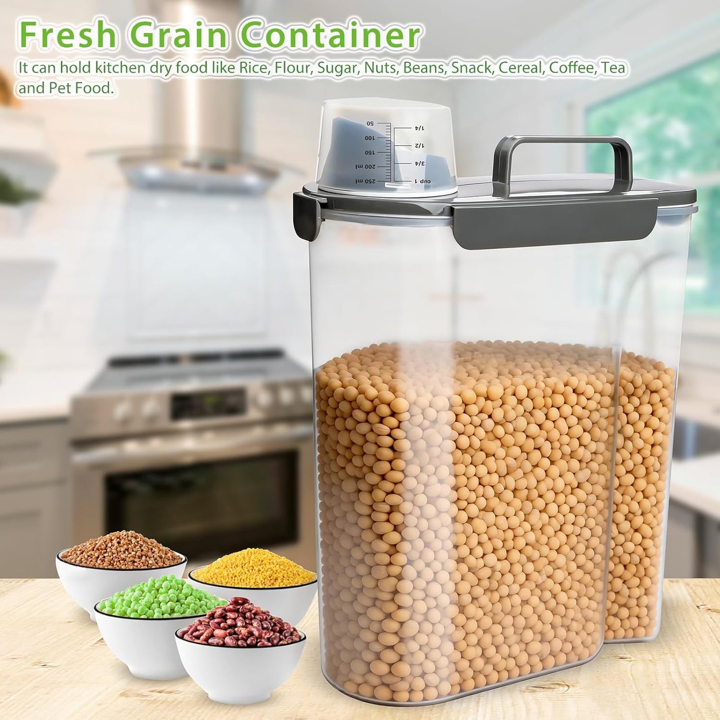 Viretec Rice Airtight Storage Container, 3 to 5Lbs Cereal Dry Food Flour Bin, Pet Dog Cat Food Dispenser with Measuring Cup, BPA Free Clear Plastic Kitchen and Pantry Organization Bin for Sugar