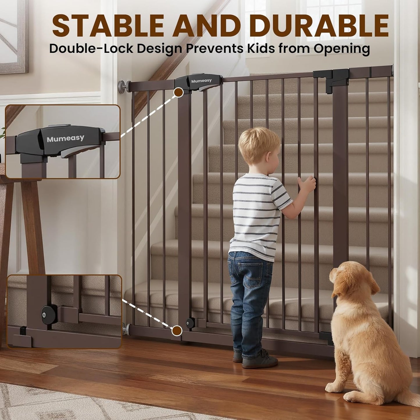 Mumeasy 29.7-46" Baby Gate for Stairs, Pressure Mounted Dog Gate for Doorways, Auto Close Walk Through Pet Gate Indoor, Extra Wide Metal Child Safety Gate, Mom's Choice Awards Winner, Black