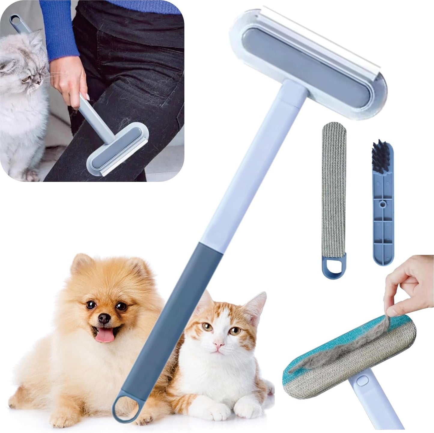4 in 1 Pet Hair Remover Tool, Grey, 23.3Inch Adjustable Long Handle, Reusable, Washable Lint Cleaner for Dog and Cat Hair, Gentle on Furniture, for Couch, Furniture, Carpet, Clothes, Bedding