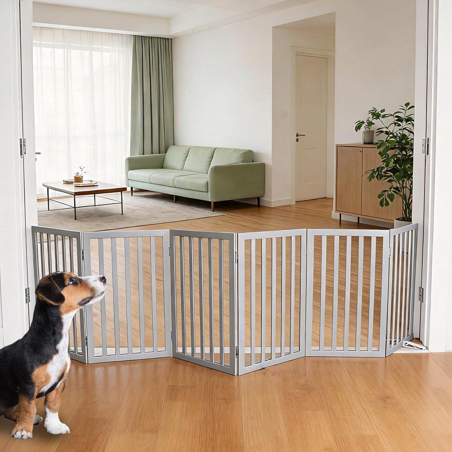ZJSF Freestanding Indoor Dog Gate for House Foldable Wood Puppy Gate for Doorways Pet Gate for Stairs Extra Wide Pet Fence, Brown, 24" Height 3 Panels