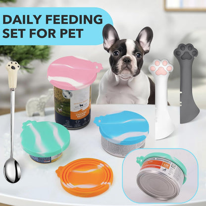 Comtim 5 PCS Pet Food Can Lids & Spoons Set - Silicone Dog Cat Covers With Multi-Function Spatula Opener for Wet Food - Long Handle Easy to Scoop