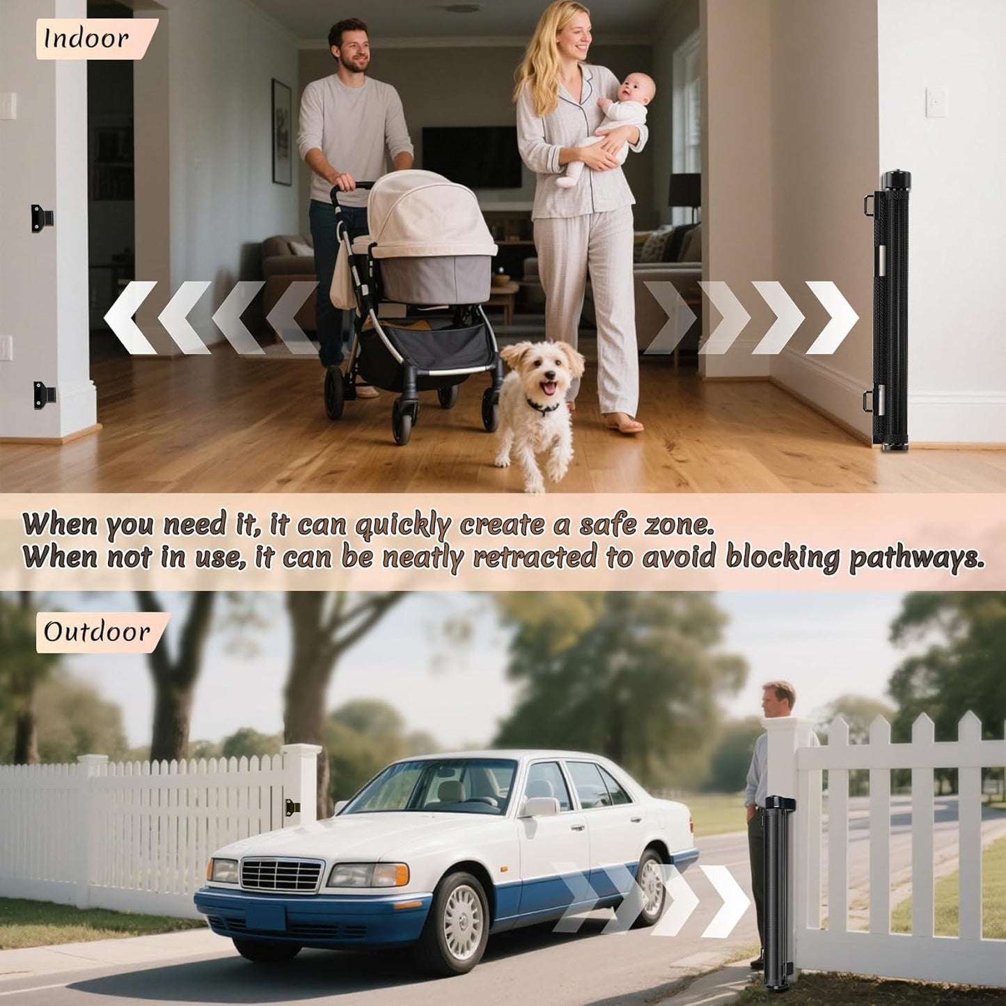 Miumoon 150 inch Retractable Baby Gates 42 inch Tall, Retractable Gate with Reinforced Strip Design to Prevent Crawling Through, 12 FT Extra Wide Retractable Dog Gate for Indoor/Outdoor