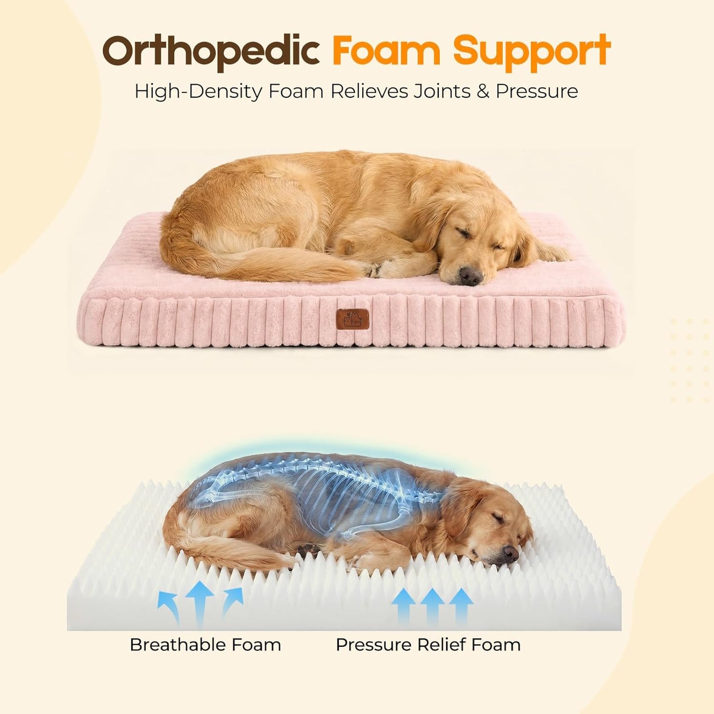 Orthopedic Dog Bed for Large Dog, Waterproof Pet Bed,Non-Slip Bottom and Egg-Crate Foam with Removable Washable Cover Crate Bed,Cream,36"x27"x3"
