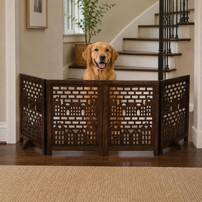 Freestanding Pet Gate for Dogs, Foldable Wooden Dog Gate for House, Indoor Dog Gate for Stair, Doorway, House Design Gates for Dogs Indoor, 72 Inch Wide, (18" x4 Panels 72 inch), Burnt Finish