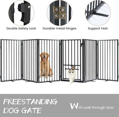 Metal Freestanding Dog Gate with Cat Door for Outdoor Indoor,80" Extra Wide Foldable Pet Fence,30" Tall Dog Gate for Large Opening,Stairs,Hallways,Doorways,Deck,Yard,with 3PCS Support(4 Panels,Black)