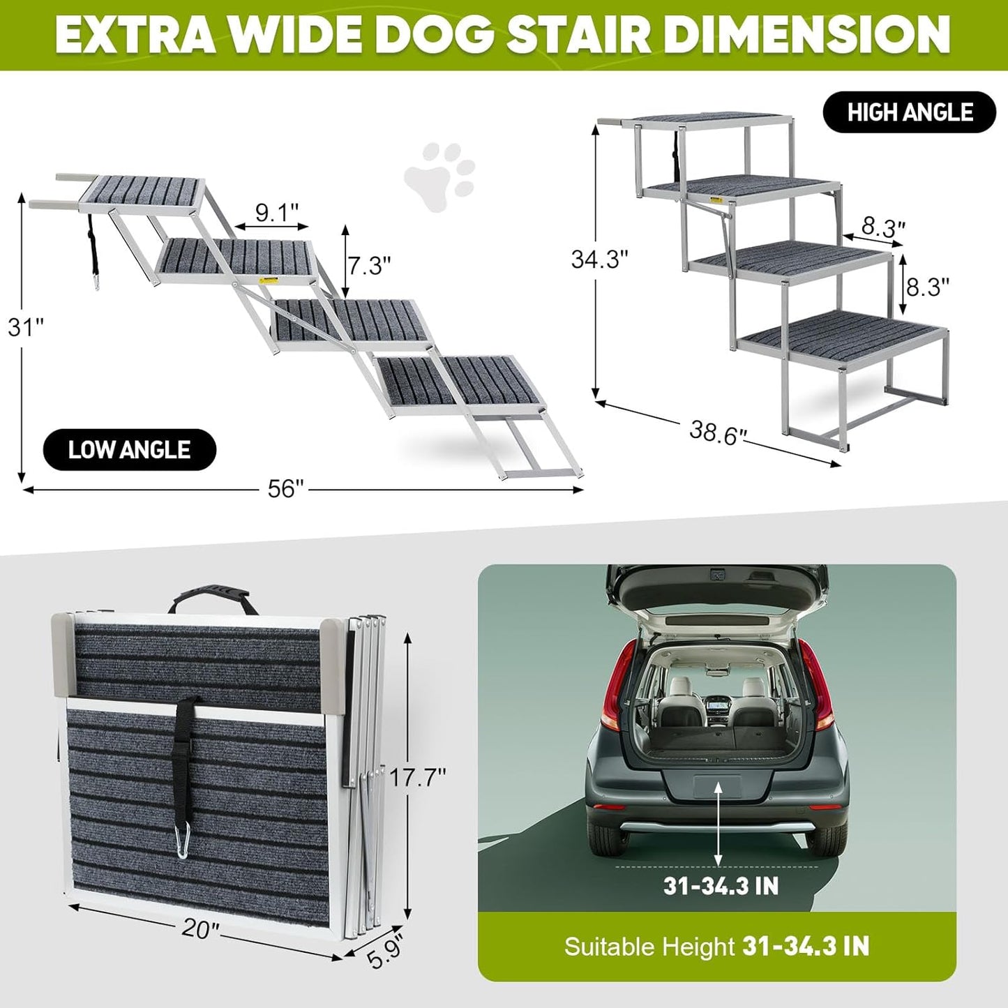 Dog Stairs for Large Dogs,Dog Stairs for Cars,Foldable Dog Ramp Pet Steps Light Weight Aluminum,Extra Wide Dog Stair for Large Dogs,High Beds, Trucks, Supports up to 200 lbs (Extra Wide-4 Steps)