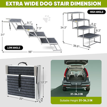 Dog Stairs for Large Dogs,Dog Stairs for Cars,Foldable Dog Ramp Pet Steps Light Weight Aluminum,Extra Wide Dog Stair for Large Dogs,High Beds, Trucks, Supports up to 200 lbs (Extra Wide-4 Steps)
