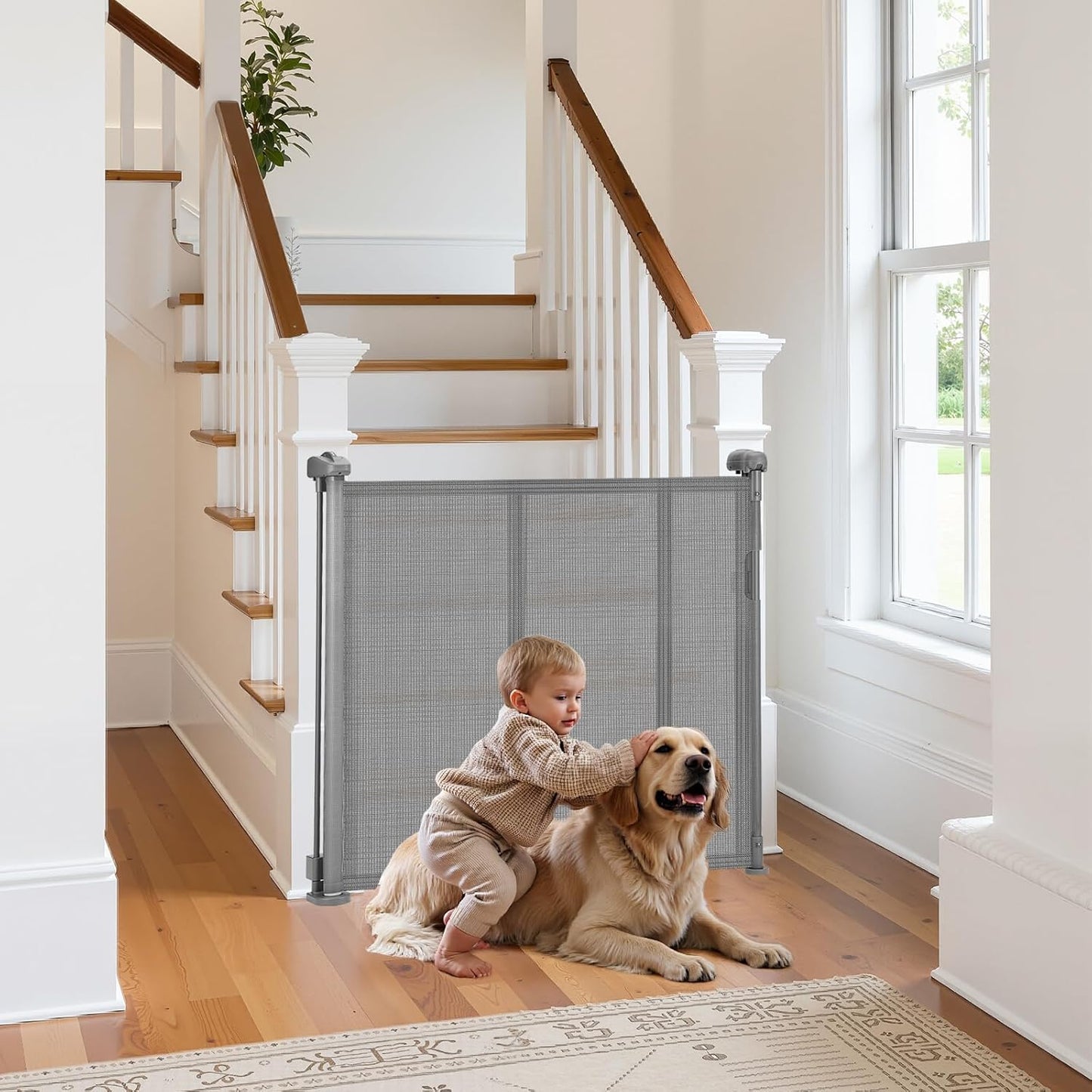 VEVOR Retractable Baby Gate, 34 inch Tall, Extends up to 110 inch Wide, Retractable Gate for Kids or Pets, Mesh Material, Easy to Install for Indoor Stairs, Doorways, Hallways, Playrooms, Gray