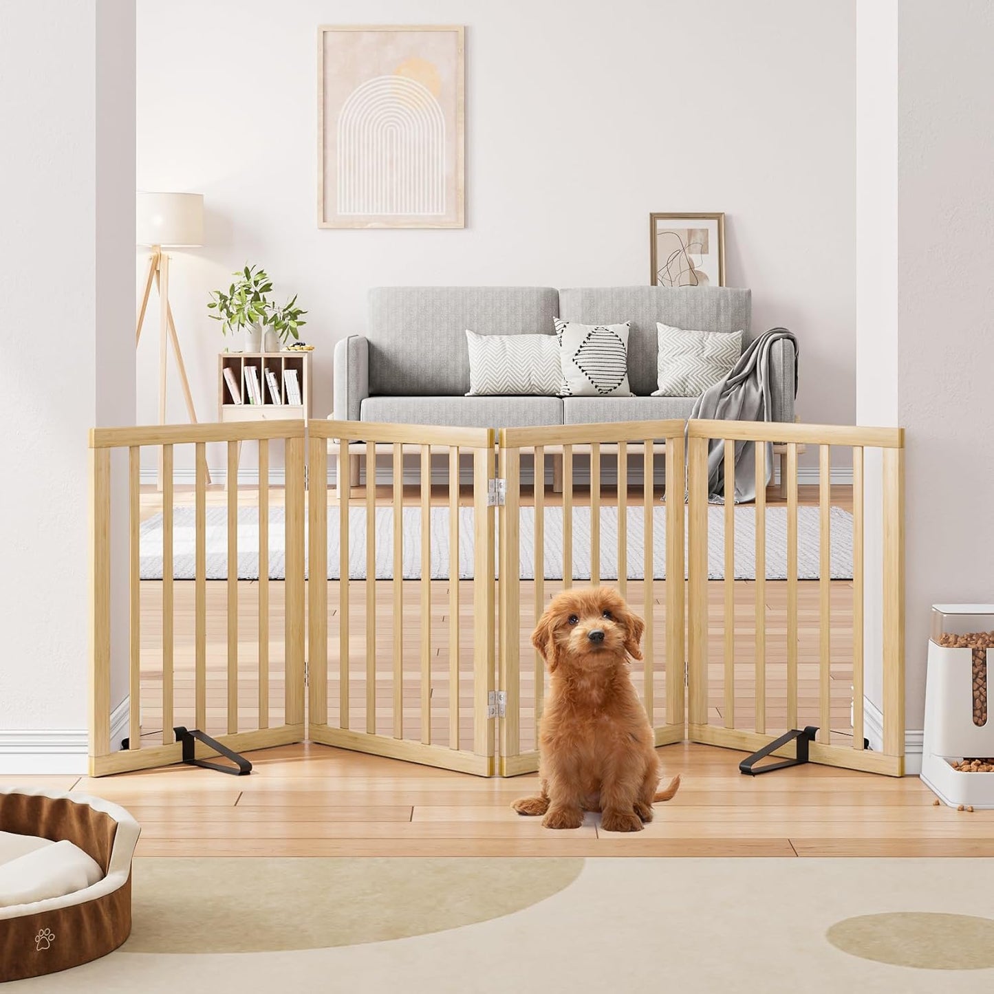 Freestanding Dog Gates Indoor, 3-Panel Pet Gates with 2 Metal Stands and 360° Hinge, 24" H Foldable Dog Gate for Stairs, Doorway, Kitchen, Expands Up to 55" Fully Assembled - Black Walnut