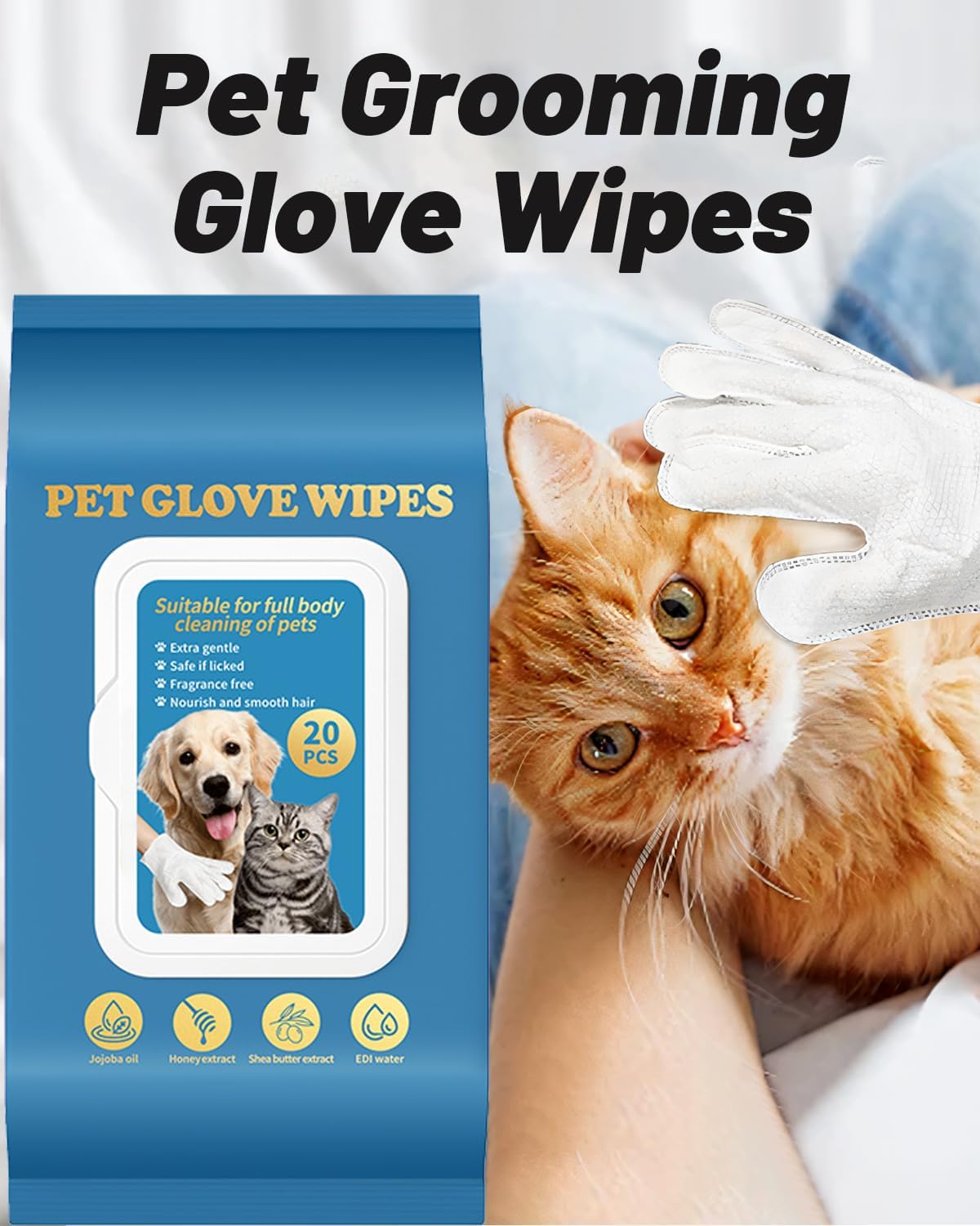 Dog Glove Wipes for Paws, Butt, Ears & Eyes - Pet Cleaning Wipes After Walk, Potty & Grooming | Extra Large Thick Rinse-Free for Dogs & Cats | Hypoallergenic Fragrance-Free for On-the-Go & Camping