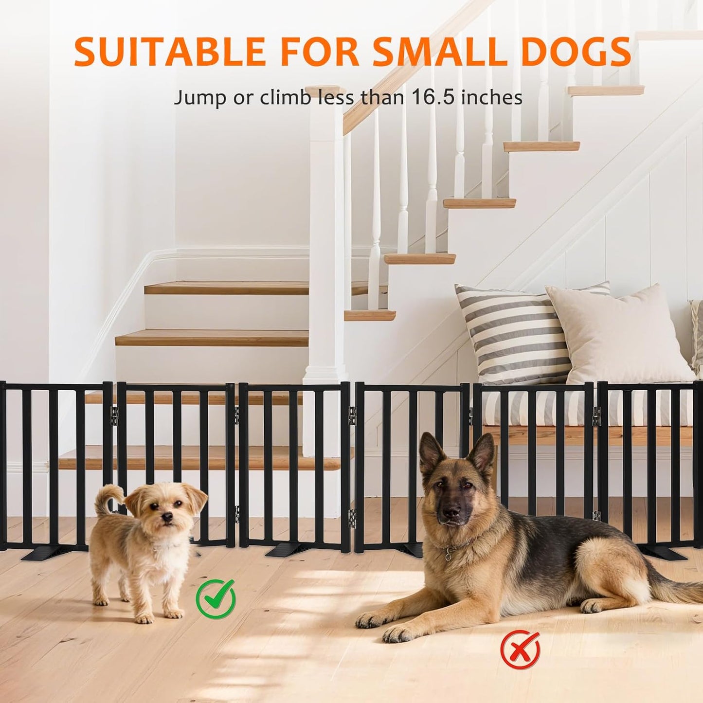 Snagle Paw Short Dog Gate,16.5" Tall Freestanding Metal Dog Gate Only for Small Dogs with Support Feet Easily Step Over,Up to 48" Wide Puppy Gate Indoor for Stairs,Doorways(Black,4 Panel)