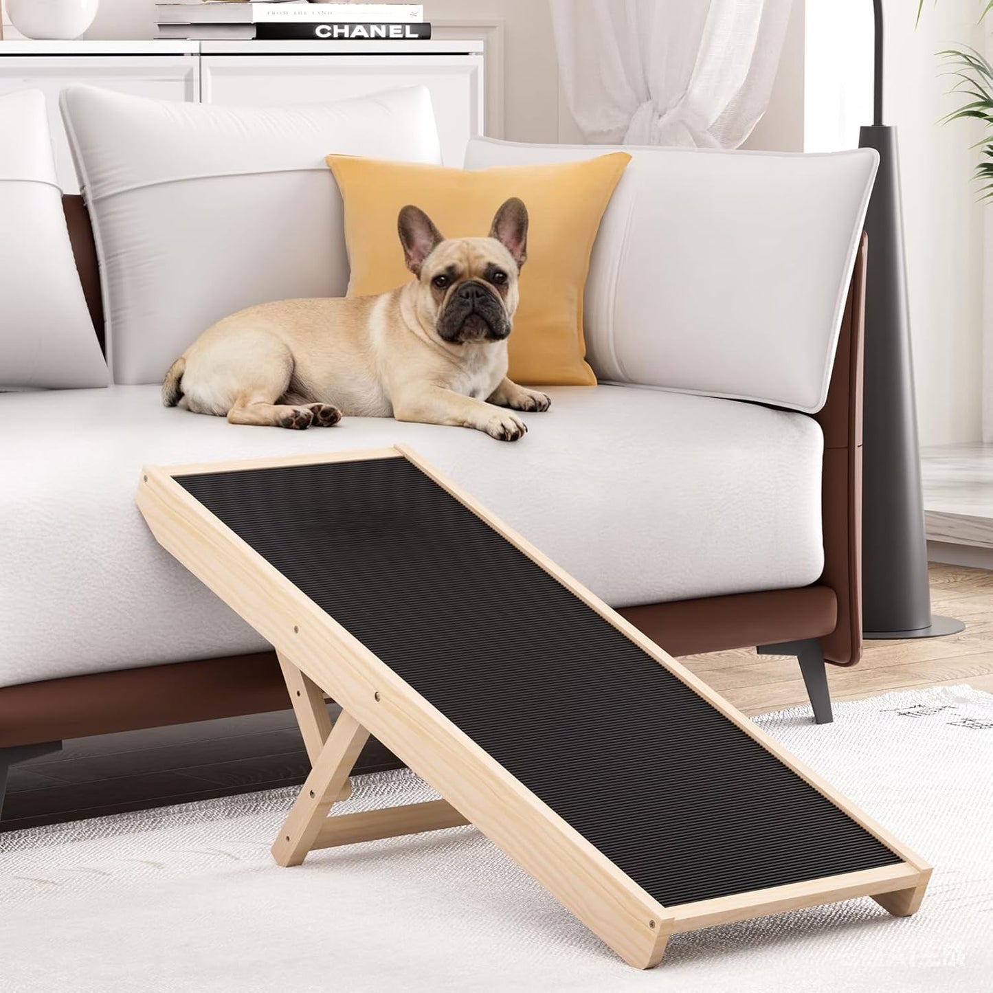 Dog Ramp for High Bed, Couch, Car, Pet Ramps 55.12" Long Adjustable 19.3"-27.17" Wooden Dog Step with Anti-slip Rubber Mat & Safety Side Rails for Small Medium Large Older Pets, up to 250 lbs