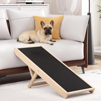 Dog Ramp for High Bed, Couch, Car, Pet Ramps 55.12" Long Adjustable 19.3"-27.17" Wooden Dog Step with Anti-slip Rubber Mat & Safety Side Rails for Small Medium Large Older Pets, up to 250 lbs