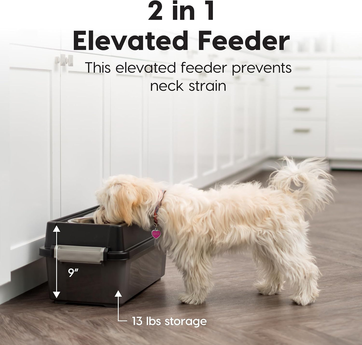 IRIS USA Dog Bowls Elevated with Storage, 15" H Raised Feeding Station, Dog Bowl Stand with Airtight Food Storage Holds 47 lbs, 2 Removable 64 oz Stainless Steel Bowls for Large Dogs, Smoke/Black
