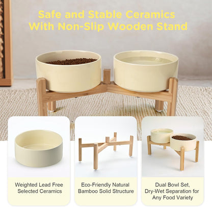 SPUNKYJUNKY Elevated Dog Bowls Ceramic, 6.1'' Dogs and Cat Food Water Bowls Raised with Non-Slip Bamboo Stand for Medium Sized Breed Microwave Dishwasher Safe - 28.7 OZ,Beige