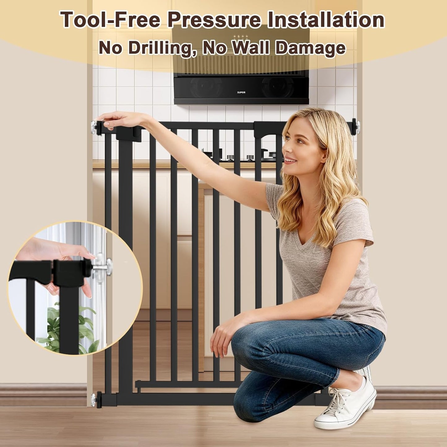 30"-62.5" Extra Wide Baby Gate for Doorways/Hallways,Pressure-Mounted Dog Gate Indoor for Stairs, Auto Close Pet Door for Child/pet Proof Safety, No Need Drilling, White