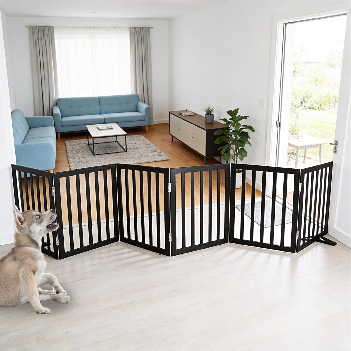 ZJSF Freestanding Indoor Dog Gate for House Foldable Wood Puppy Gate for Doorways Pet Gate for Stairs Extra Wide Pet Fence, Brown, 24" Height 3 Panels