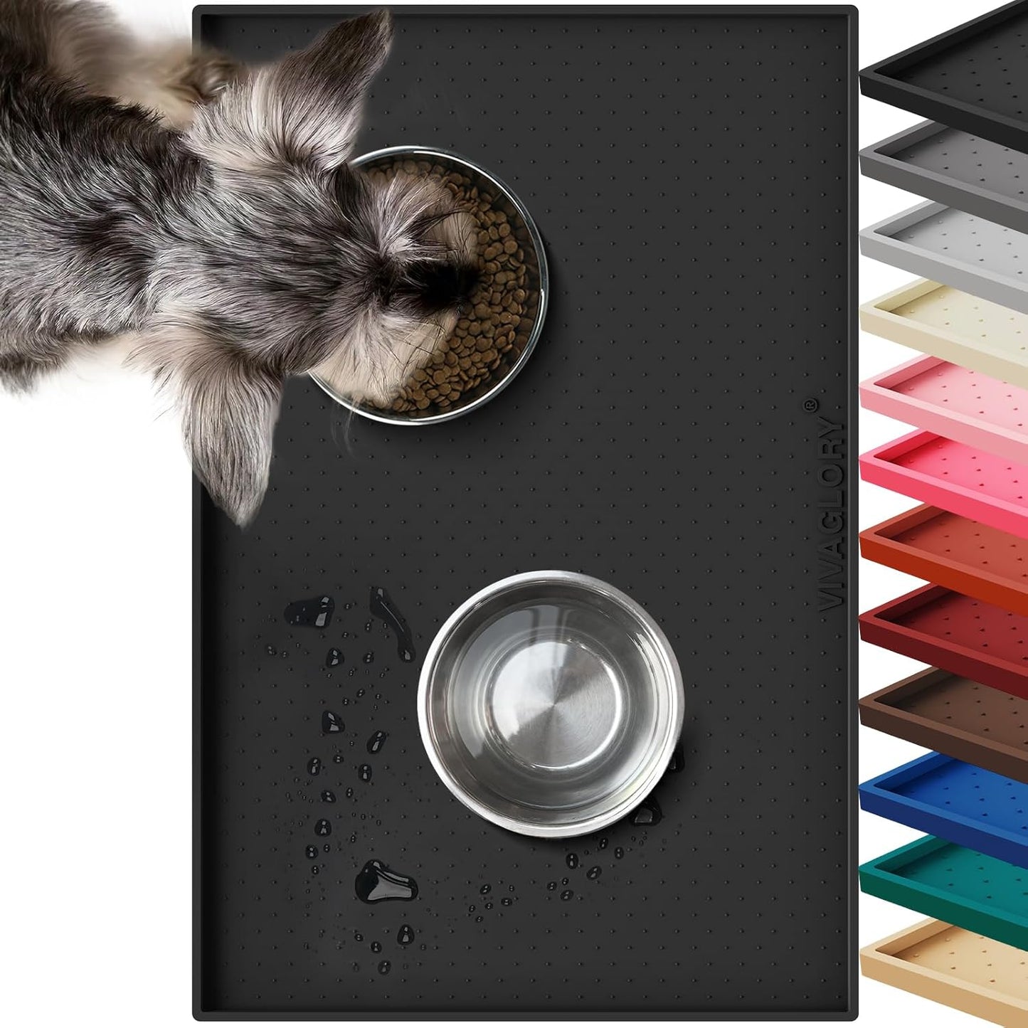 VIVAGLORY Dog Bowl Mat Grippymat Pet Food Mat, Waterproof Washable Nonslip Silicone for Pet & Cat, Food and Water Placemat with Lip & Raised Edges for Indoor Floor, S, Grey