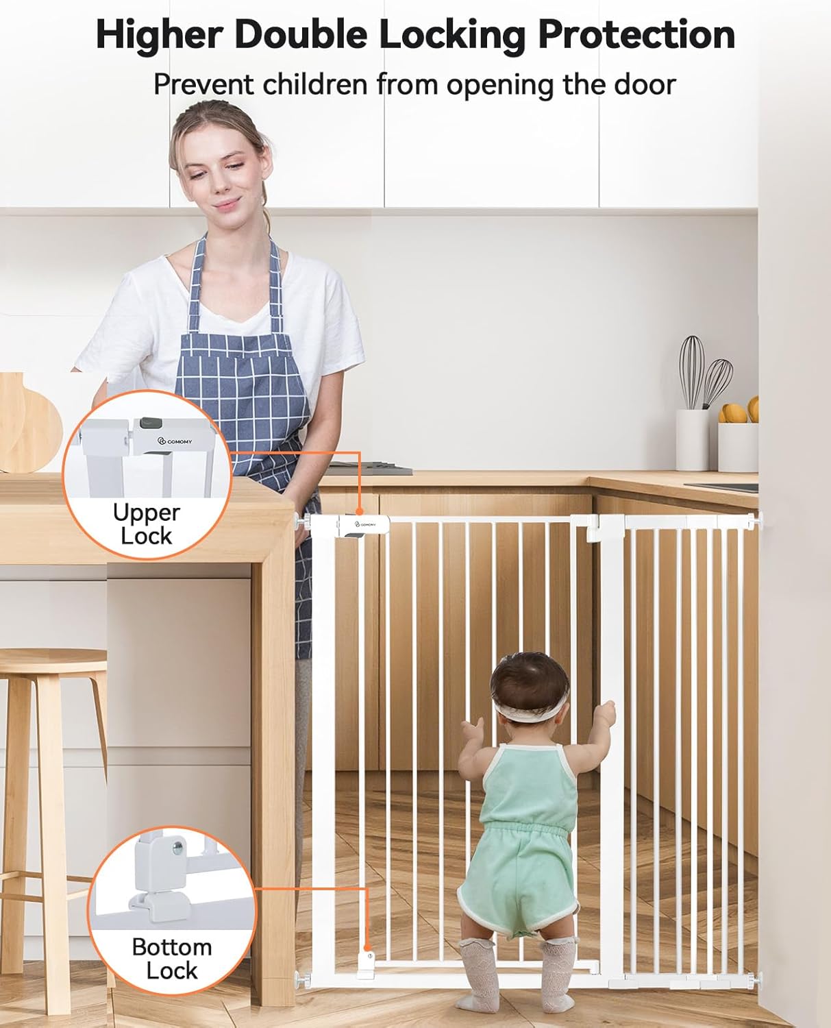 COMOMY 42" Extra Tall Baby Gate for Stairs Doorways, Fits Openings 29.5" to 40.6" Wide, Auto Close Sturdy Safety Dog Gate for House, Pressure Mounted Easy Walk Through Pet Gate with Door, White