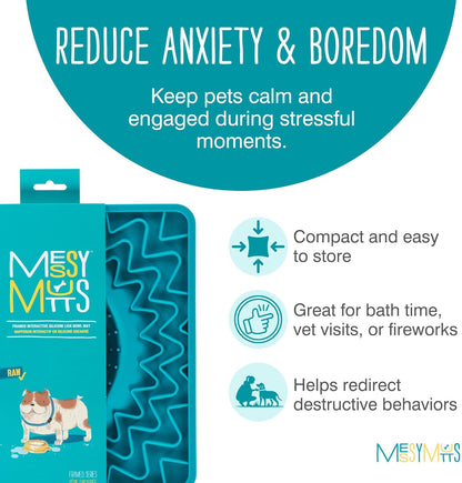 Messy Mutts Silicone Therapeutic Licking Bowl Mat | 10" x 10" | Slow Feeder Mat for Boredom & Anxiety | Lick Pad for Dogs & Cats (Blue)