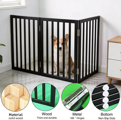 Dog Gate Indoor, Freestanding Dog Fence for The House, Doorways, Hallways,or Stairs,Pet Gate Foldable Wooden,Expandable 24" Height 3 Panels,White